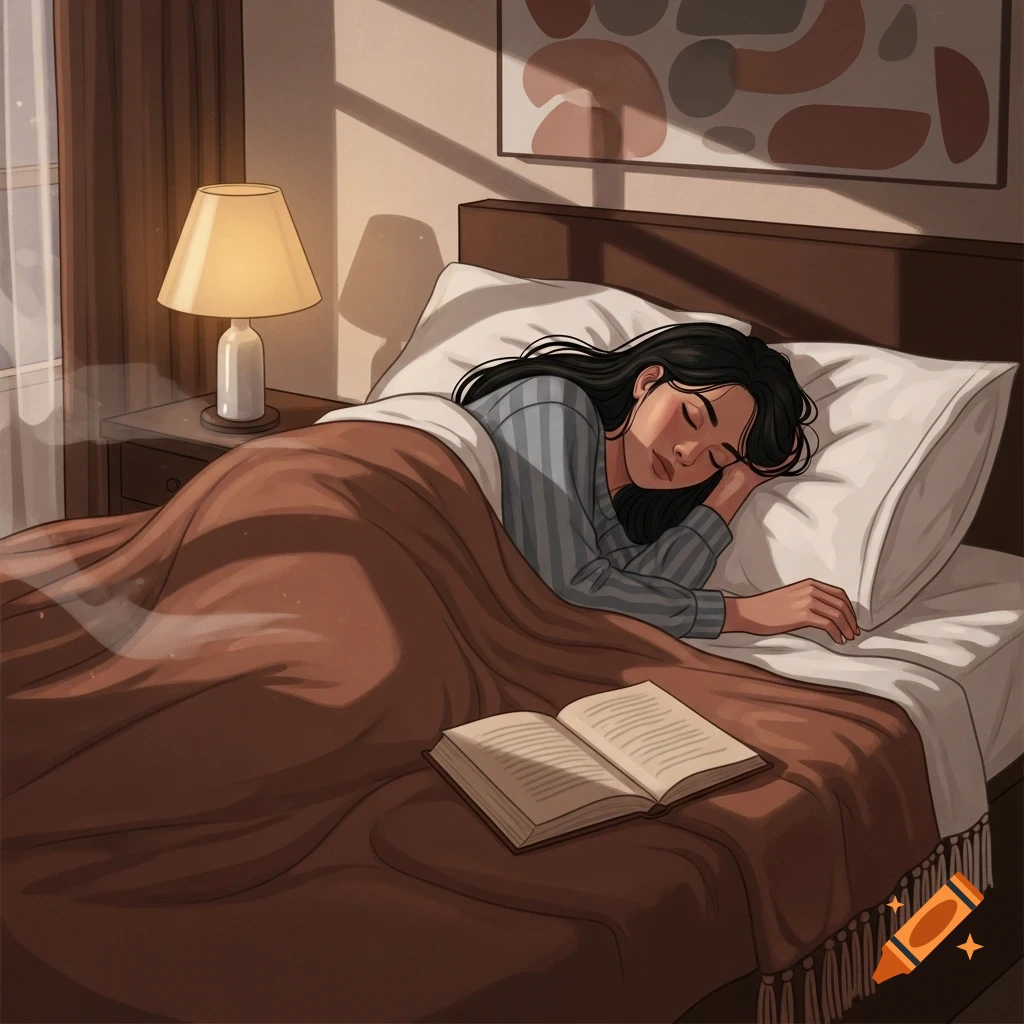 An illustration of a woman with dark hair sleeping peacefully in a bed under a brown blanket, with an open book resting beside her. Warm light streams through a window, illuminating the cozy bedroom scene.