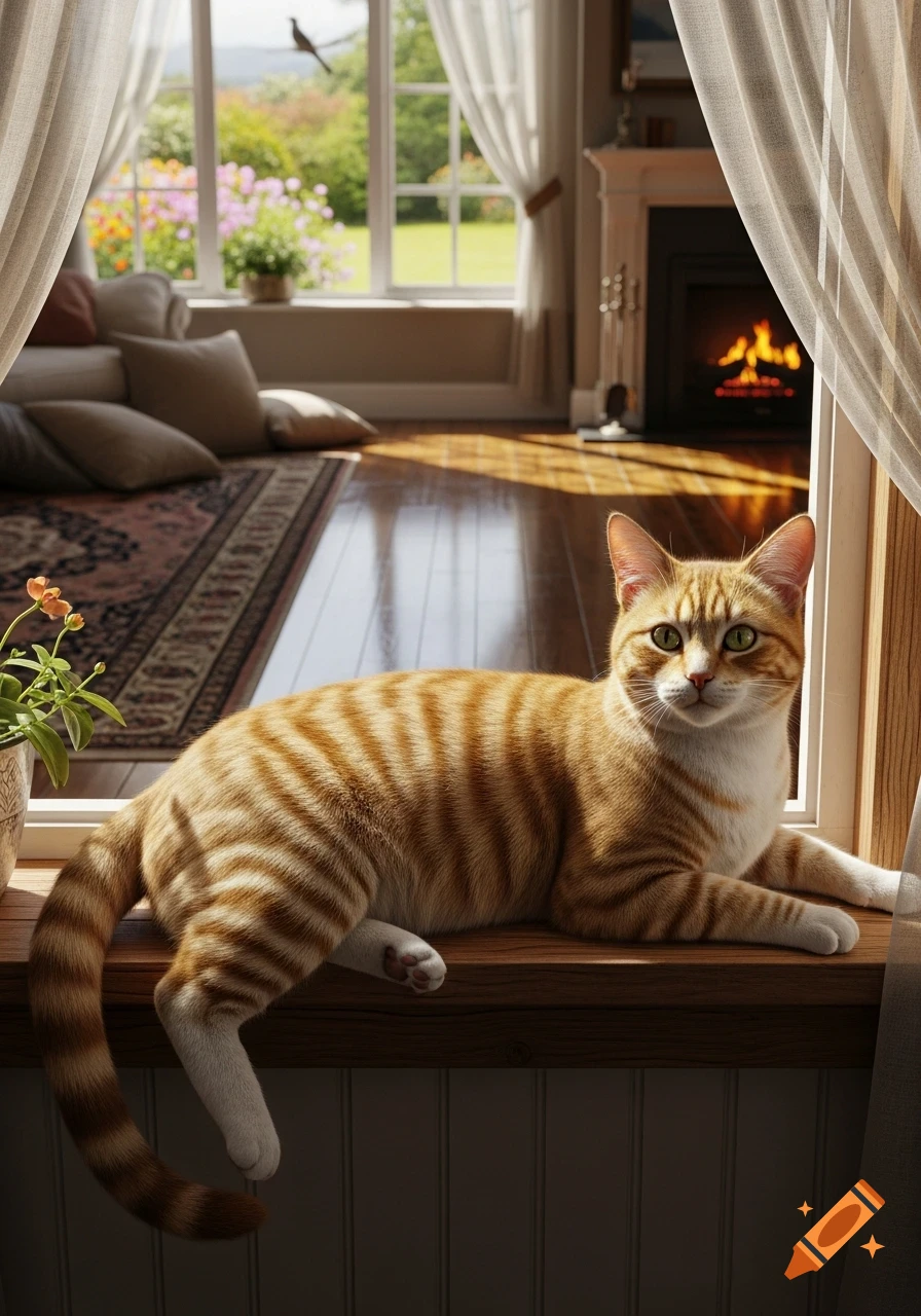 A photorealistic orange tabby cat with green eyes lies on a wooden windowsill, looking at the camera. A cozy living room with a fireplace and a vibrant garden outside a large window are in the background.
