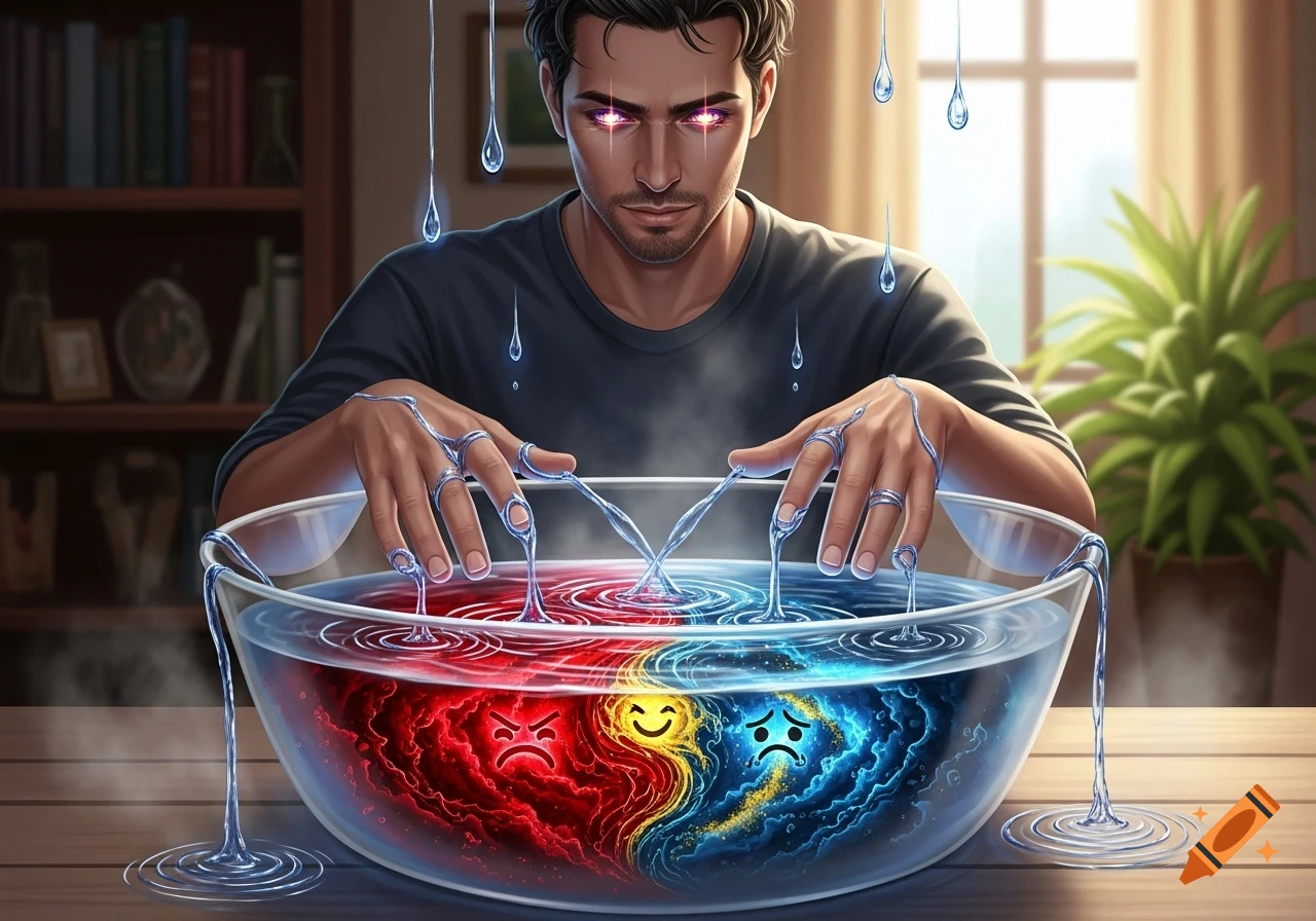 A man with glowing eyes manipulates a bowl of water, forming red angry, yellow happy, and blue sad emoji-like swirls representing emotions. Digital illustration.