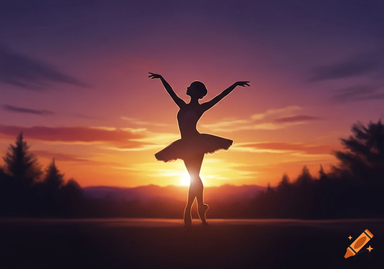 Silhouette of a ballerina in a graceful pose against a vibrant orange and purple sunset sky with trees.