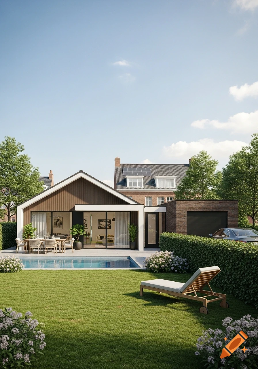 A modern bungalow-style house with a swimming pool, green lawn, sun lounger, and hedged fence under a clear sky.