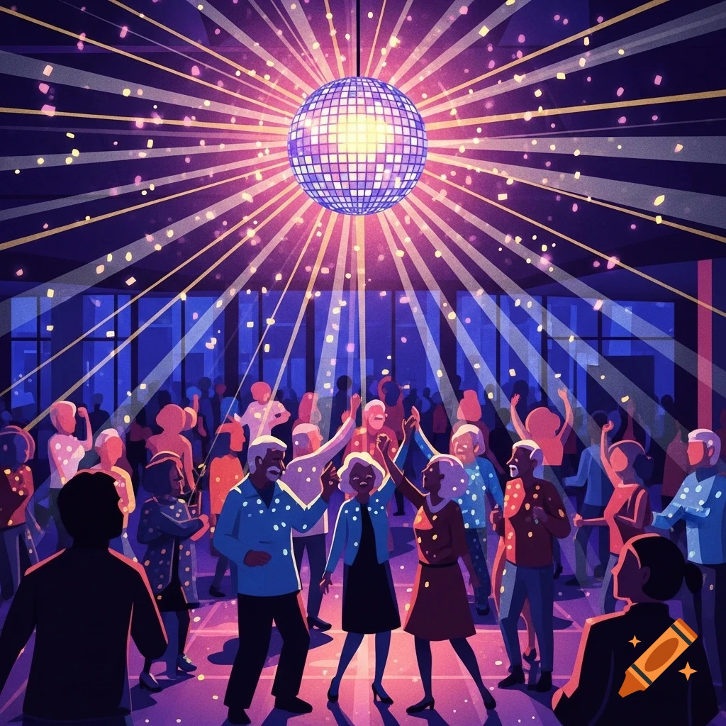 Colorful illustration of people of all ages dancing under a sparkling disco ball in a vibrant, purple and blue lit disco.