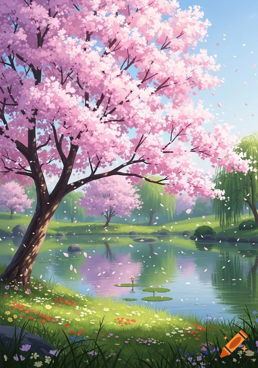 Vibrant anime-style illustration of a serene pond surrounded by pink cherry blossom trees, with petals falling onto the water and lush green grass.