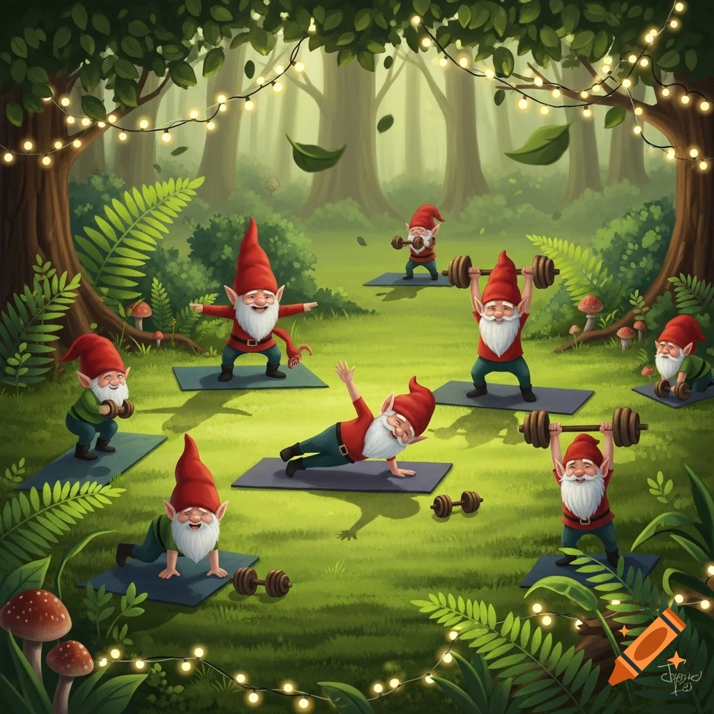 Whimsical gnomes exercise in an enchanted forest, doing squats, planks, and bicep curls on yoga mats.
