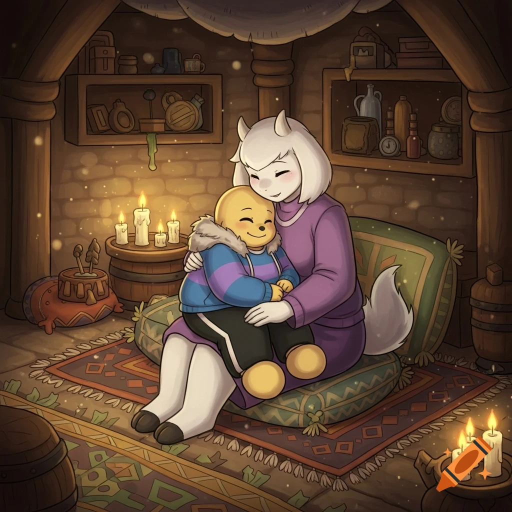 Toriel, a white goat-like character, gently holds a chubby Frisk in a cozy, candlelit room, anime style.