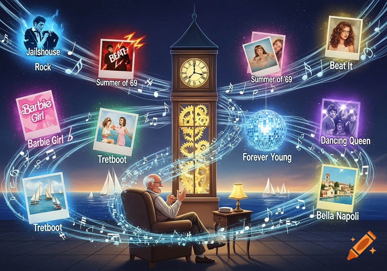 An old man sits in an armchair by a grandfather clock, surrounded by glowing musical notes and polaroid photos representing songs, with a disco ball and sailboats in the background.