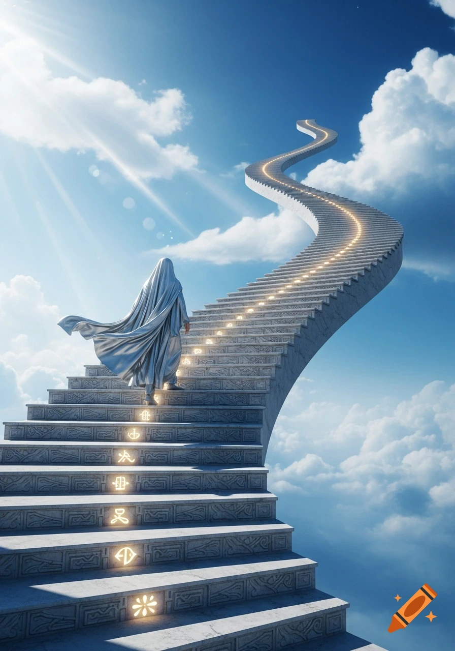 A robed figure ascends a winding stone staircase with glowing symbols, leading into a bright, cloudy blue sky with sun rays.
