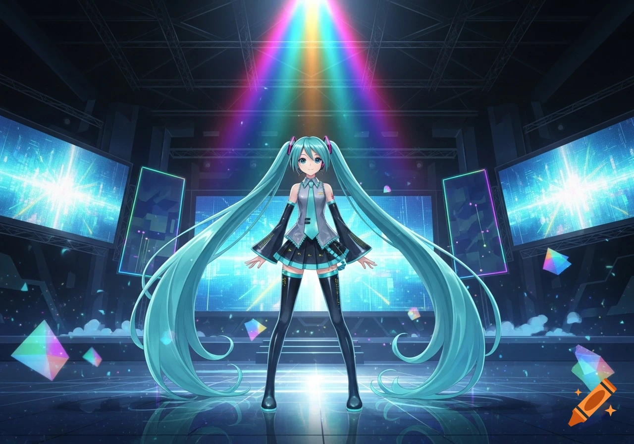Hatsune Miku stands on a stage with large screens and a bright rainbow spotlight overhead in an anime style.