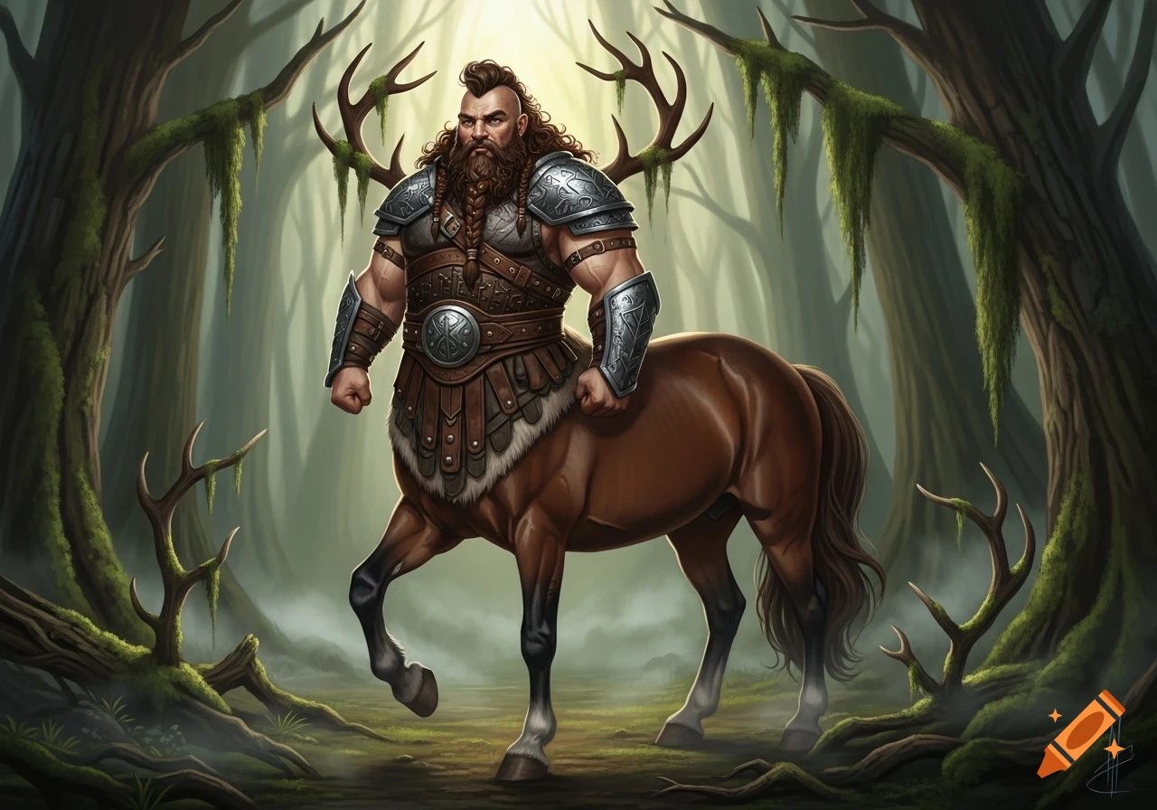 A burly, bearded centaur with a Mohawk and Viking-style armor stands in ...