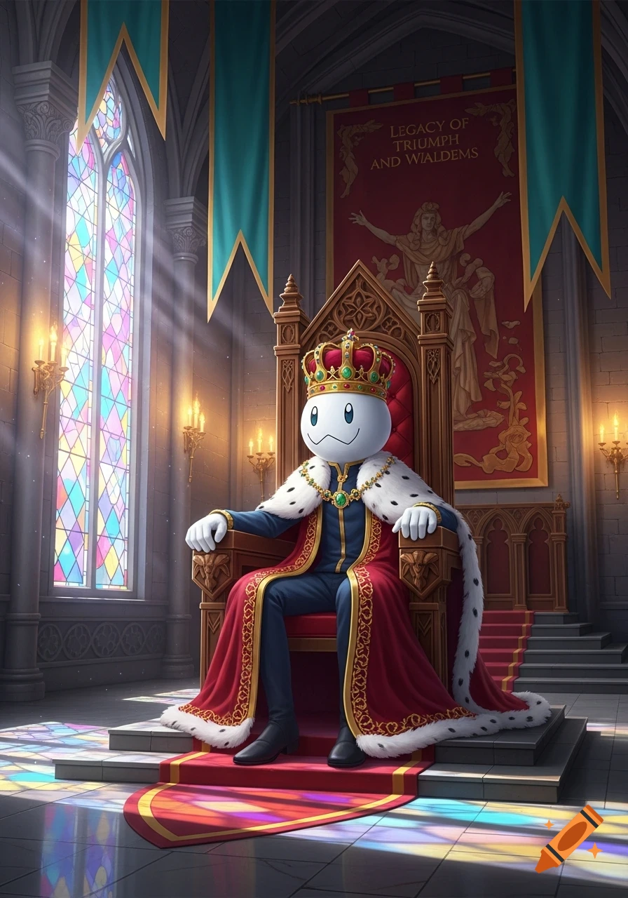 A cartoonish white character with a small smile, wearing a king's crown and regal robes, sits on an ornate wooden throne in a grand hall with stained-glass windows.
