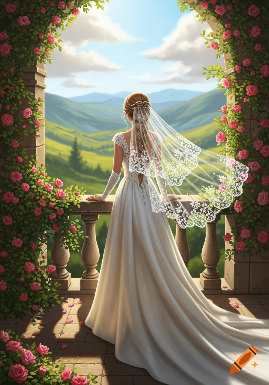 A bride in a white wedding dress and veil stands on a rose-covered balcony, looking out at a sunny mountain landscape.