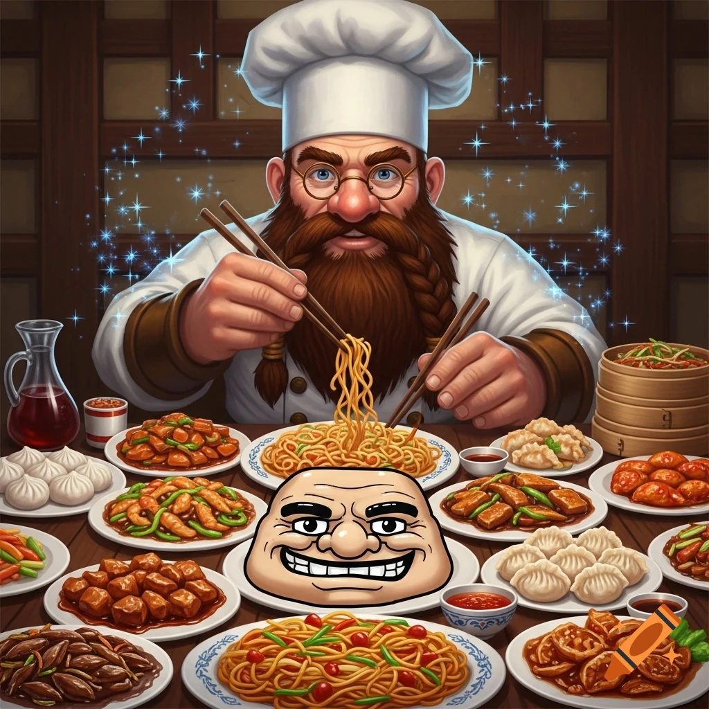 A fantasy dwarf chef with a braided beard happily eats a feast of Chinese food with chopsticks, a trollface meme floating in front of him.