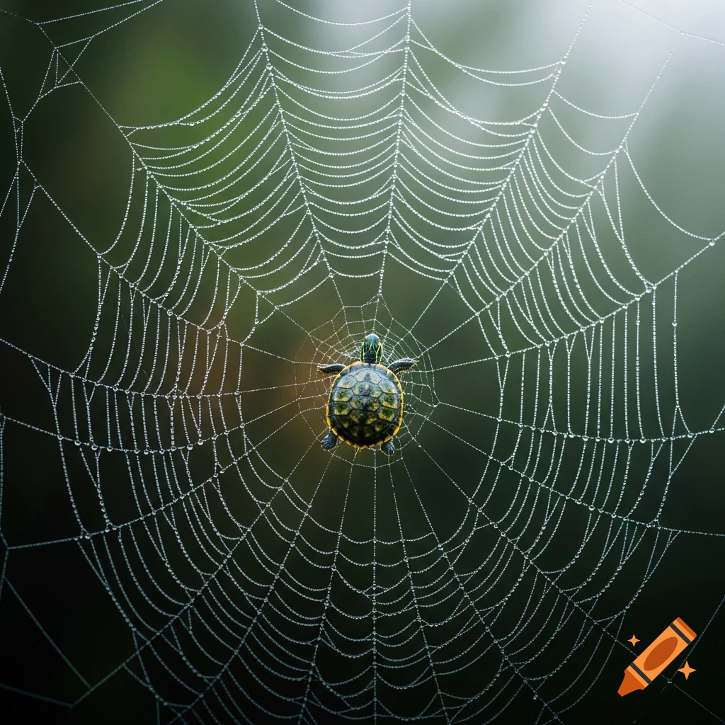 A tiny green and yellow turtle sits in the center of a delicate spiderweb covered in sparkling dew drops. Photorealistic macro shot.
