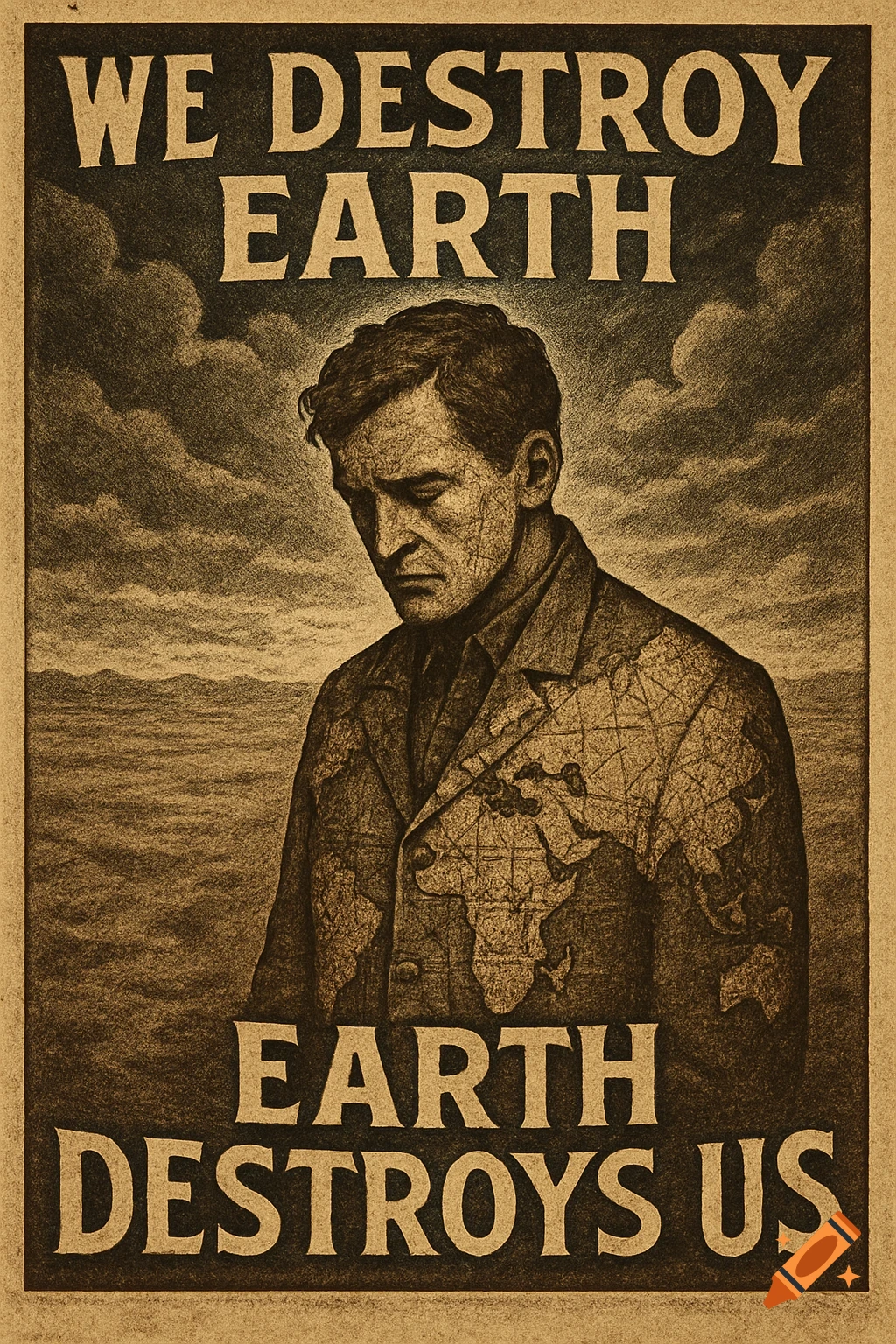 Vintage sepia-toned poster of a somber man with a world map on his coat. Text: WE DESTROY EARTH EARTH DESTROYS US.