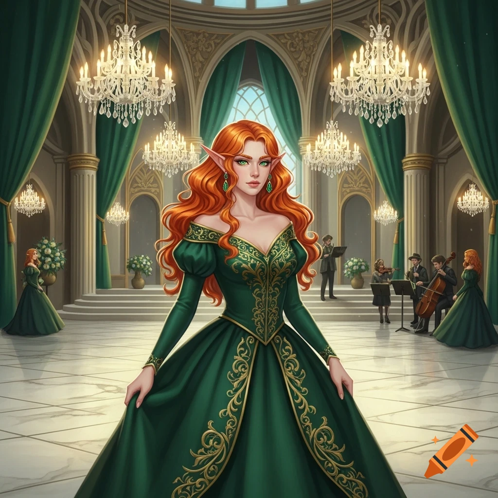 A beautiful elf woman with long orange hair and green eyes in an ornate green ball gown stands in a grand ballroom with chandeliers and an orchestra.