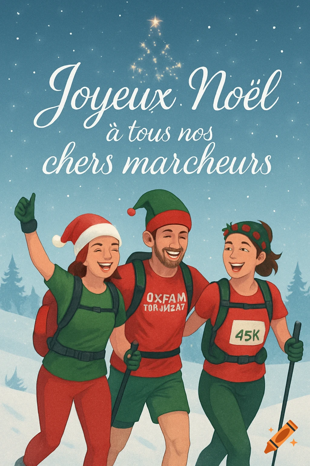 Three happy people in Christmas hats and hiking gear, including a man and two women, walking with poles in a snowy landscape. The top text reads "Joyeux Noël à tous nos chers marcheurs".