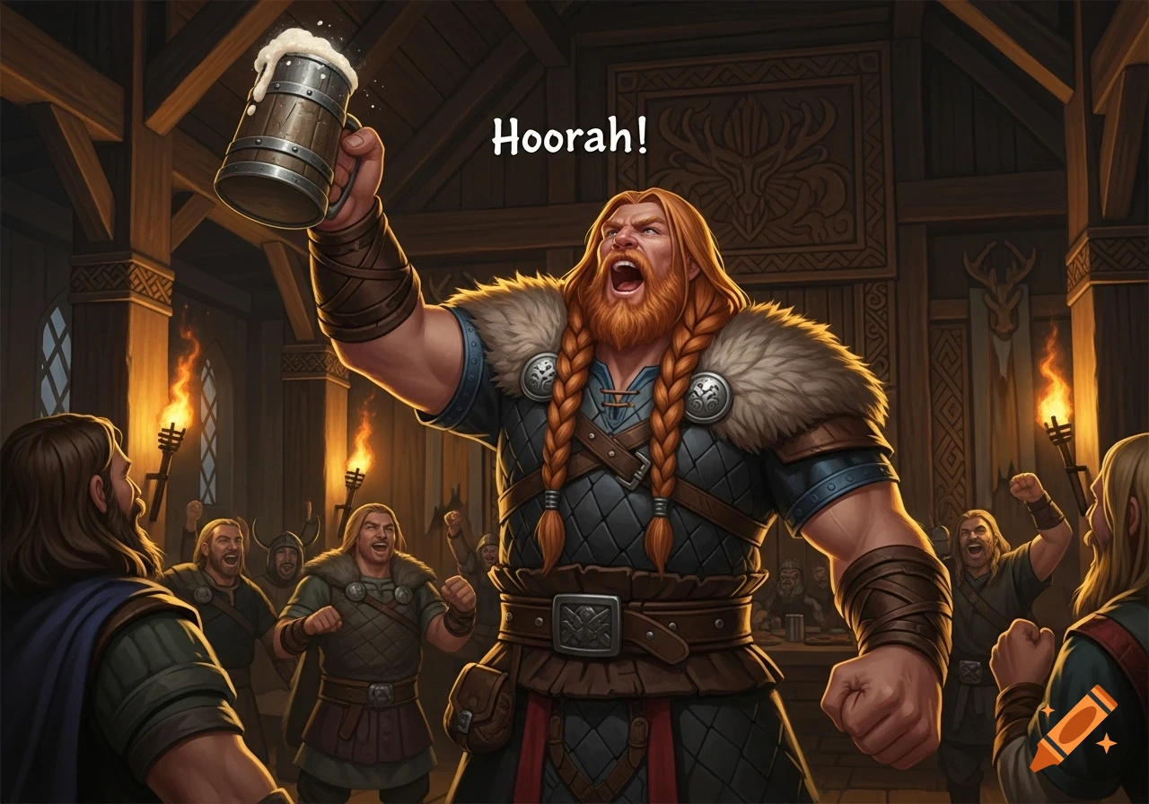 A muscular Viking warrior with braided ginger hair and beard raises a frothing tankard of ale, cheering "Hoorah!" in a lively mead hall.
