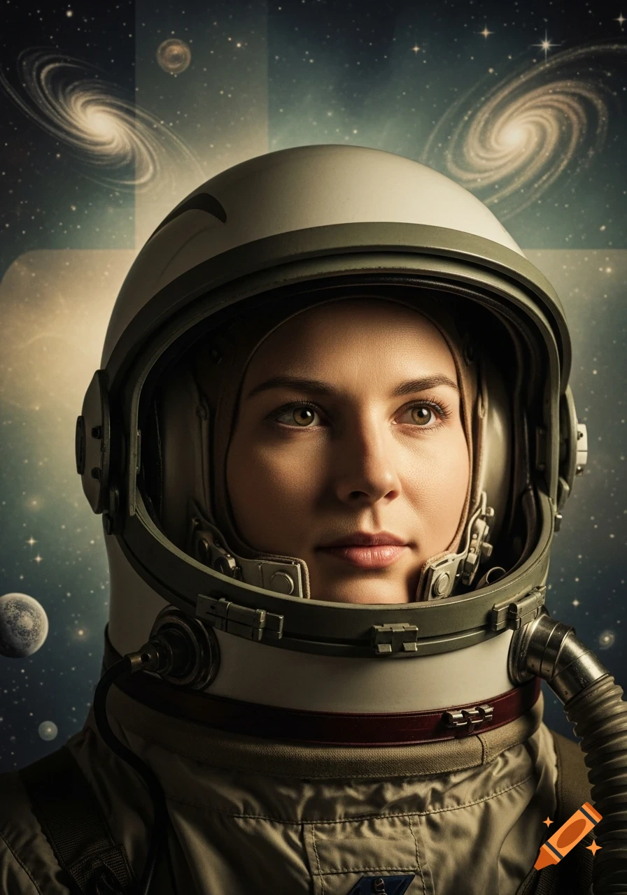 Close-up portrait of a woman astronaut in a helmet against a starry galaxy background, retro style.