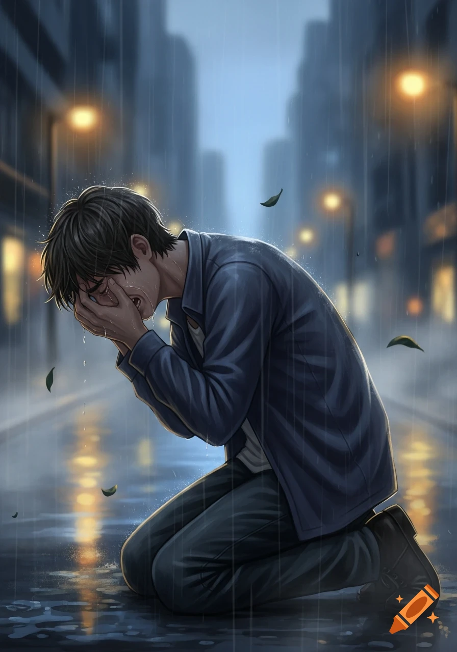 A crying person kneels on a wet city street in the rain, hands covering their face, under glowing streetlights in an anime art style.