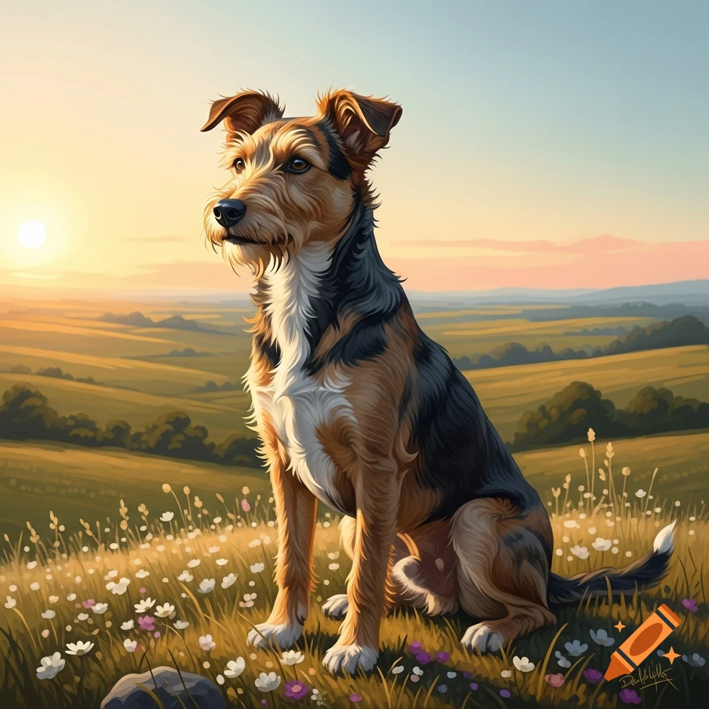 A brown, black, and white mixed-breed dog sits in a field of wildflowers with a sunset over rolling hills, in a painterly style.
