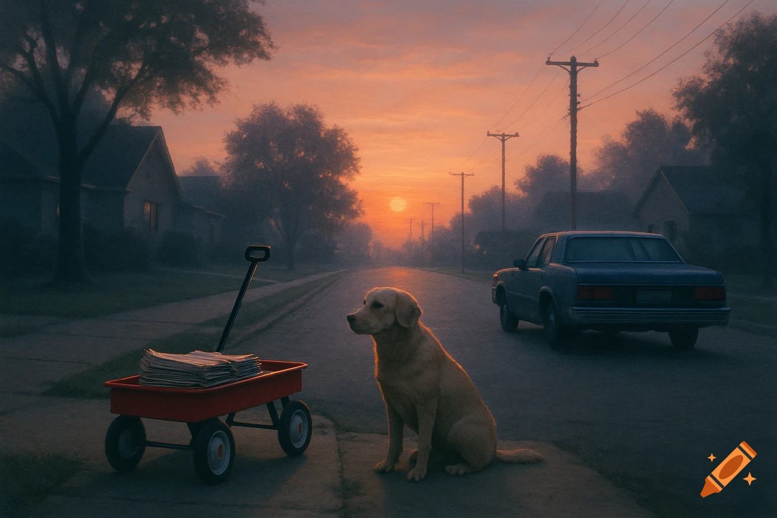 A golden retriever sits on a misty street next to a red wagon full of newspapers at sunrise, with houses and a car in the background.