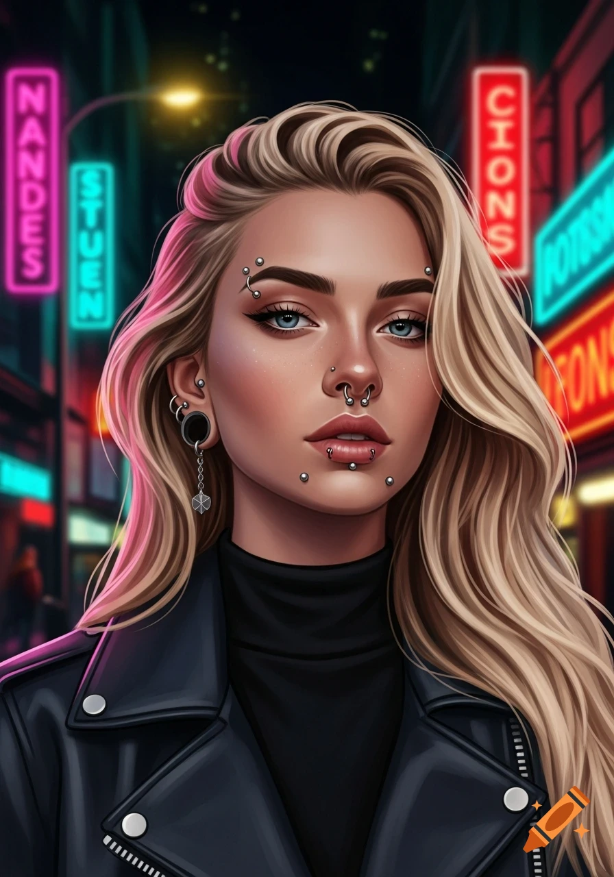 A stylized portrait of a blonde woman with numerous facial piercings and a leather jacket, against a neon city street background.