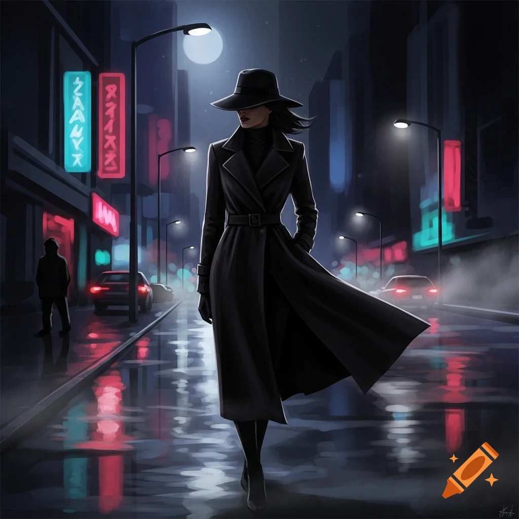 A mysterious woman in a black trench coat and hat walks on a wet city street at night, illuminated by neon signs.