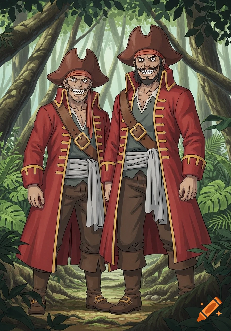 Two cartoonish pirates in red coats with sharp teeth and menacing expressions stand in a dense tropical forest.