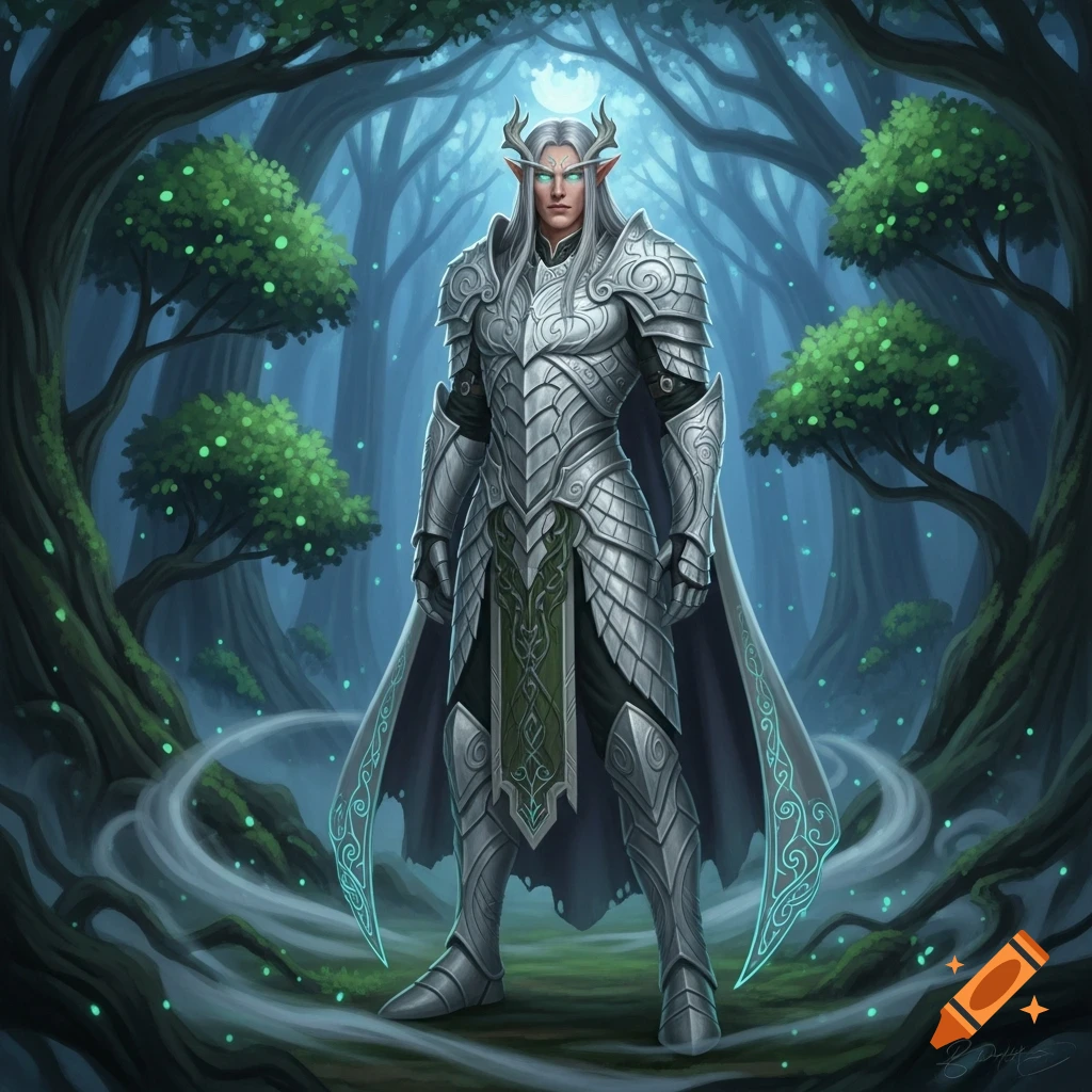 A majestic male elf with white hair, antlers, and glowing eyes in ornate white scale armor stands in a dark, magical forest with glowing green lights.
