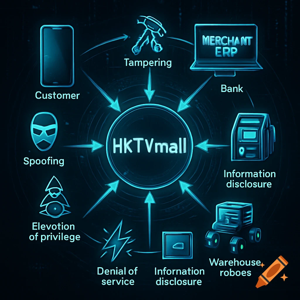 A glowing blue infographic of the HKTVmall threat model, showing a central HKTVmall core surrounded by icons for Customer, Spoofing, Elevation of privilege, Tampering, Merchant ERP, Bank, Information disclosure, Warehouse roboes, and Denial of service.