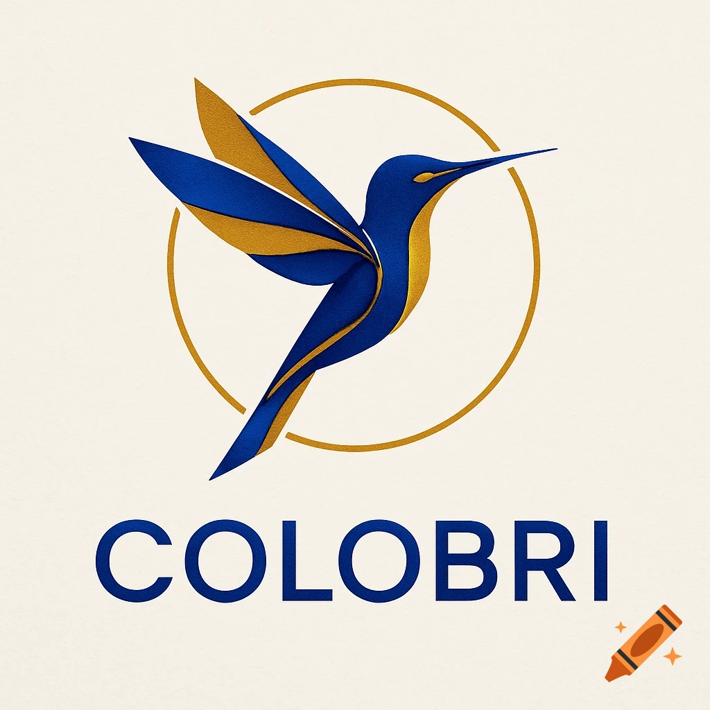 Stylized blue and gold hummingbird logo inside a gold circle above the text 'COLOBRI' on a cream background.
