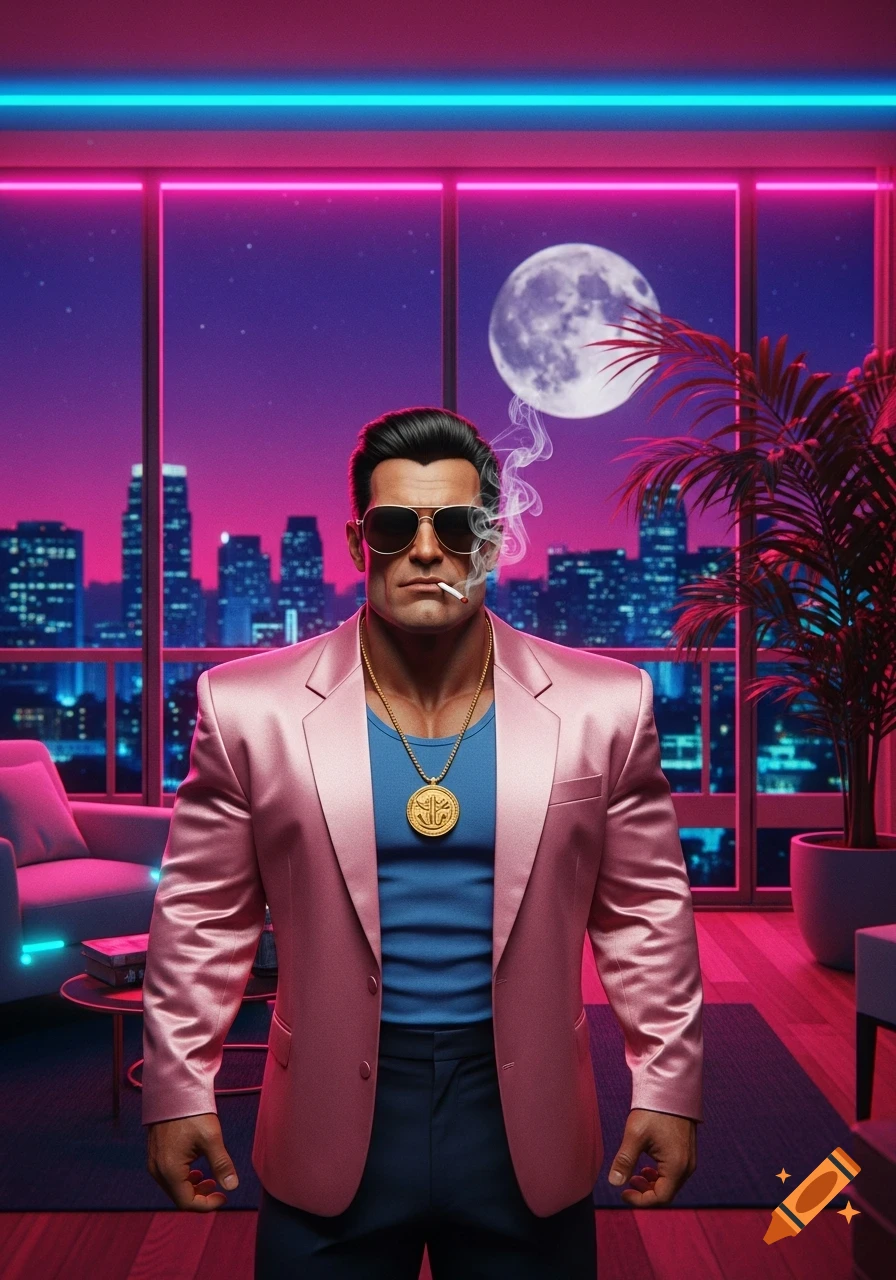 Muscular man in a pink blazer and sunglasses smokes a cigarette in a neon-lit penthouse overlooking a city skyline and full moon.
