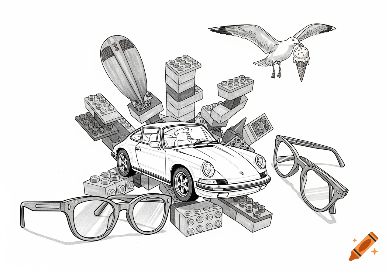 Black and white line art collage featuring a Porsche car, Lego bricks, a blimp, two pairs of glasses, and a seagull flying with an ice cream.