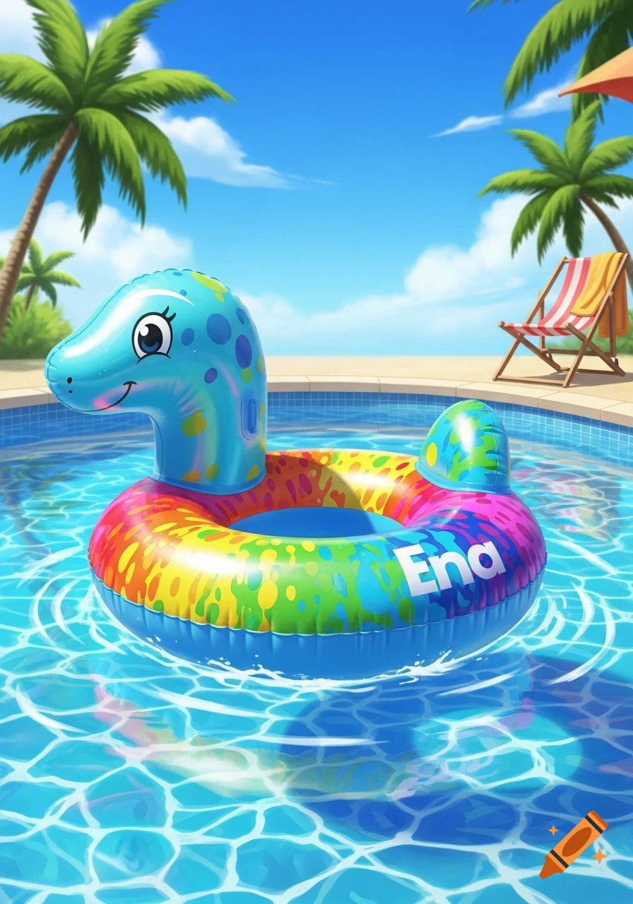 A colorful inflatable dinosaur pool toy with 'Ena' written on it floats in a swimming pool under a bright blue sky with palm trees.