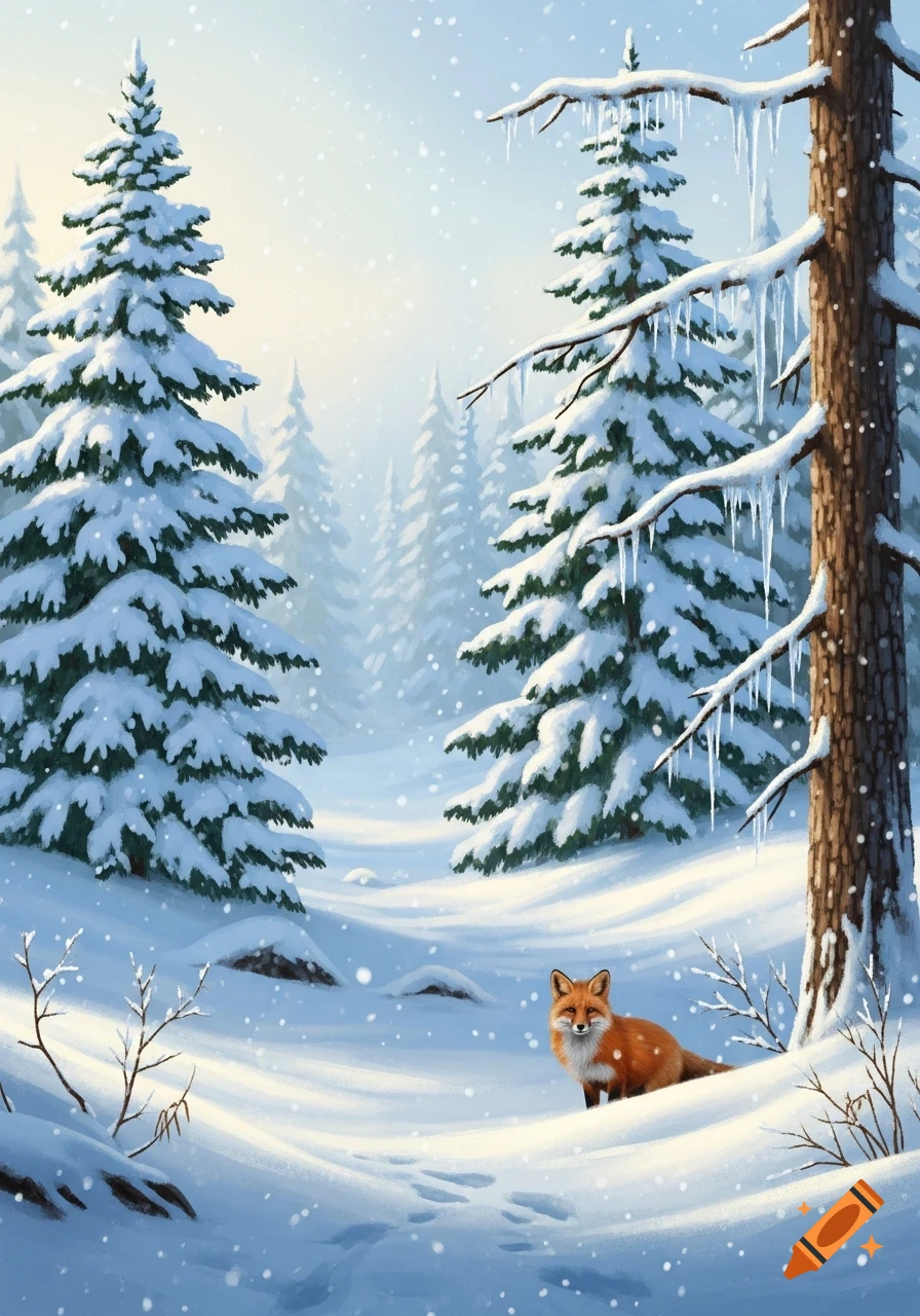 An illustration of a red fox standing in a snowy winter forest with ...