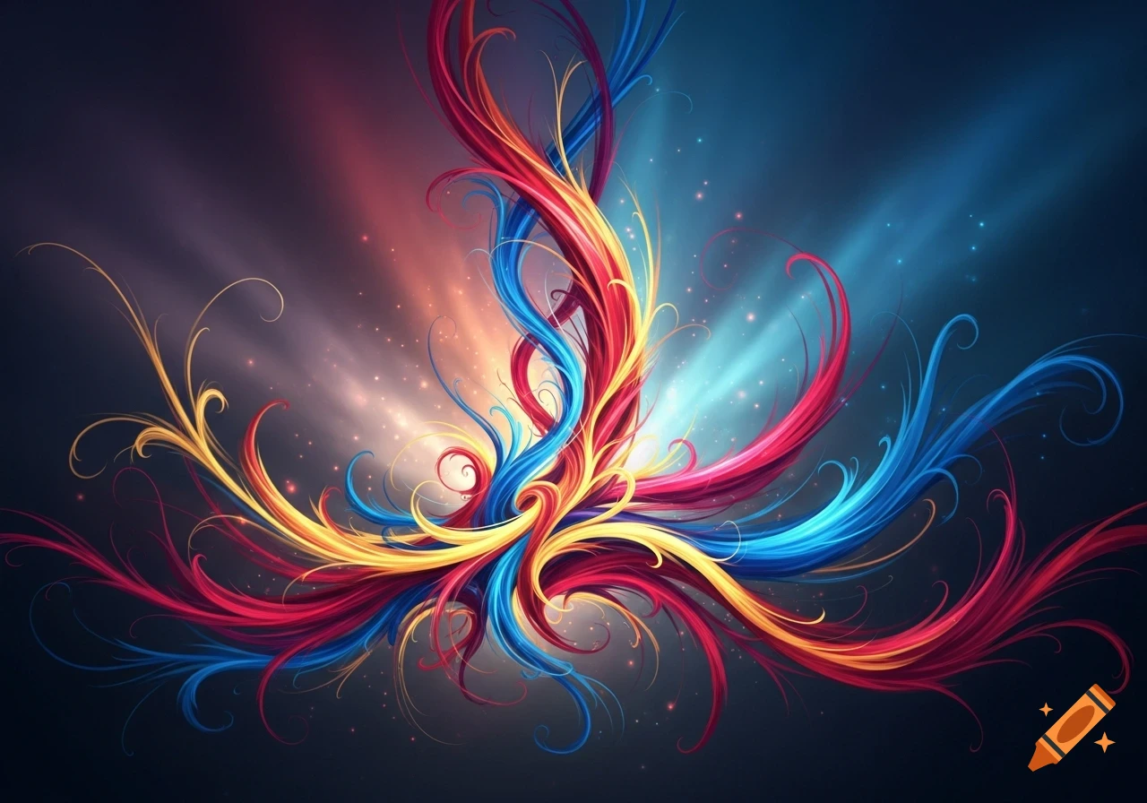 Vibrant red, yellow, and blue swirling lines creating an intricate abstract pattern with glowing light effects on a dark background.