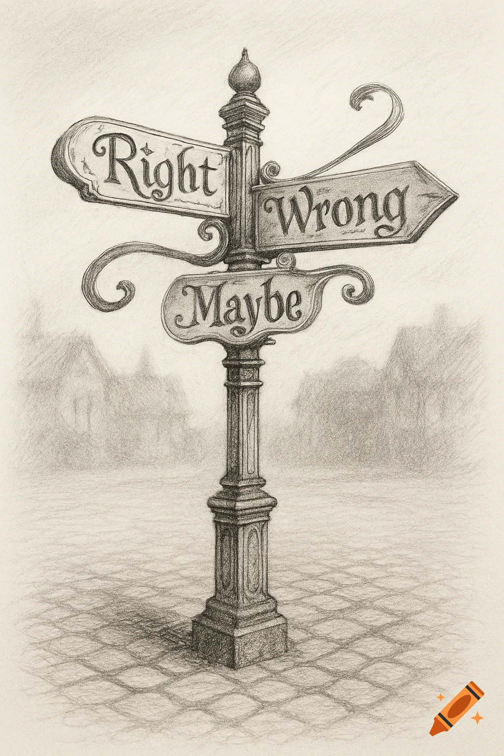 A pencil sketch of a signpost with three signs pointing in different directions, labeled "Right", "Wrong", and "Maybe".