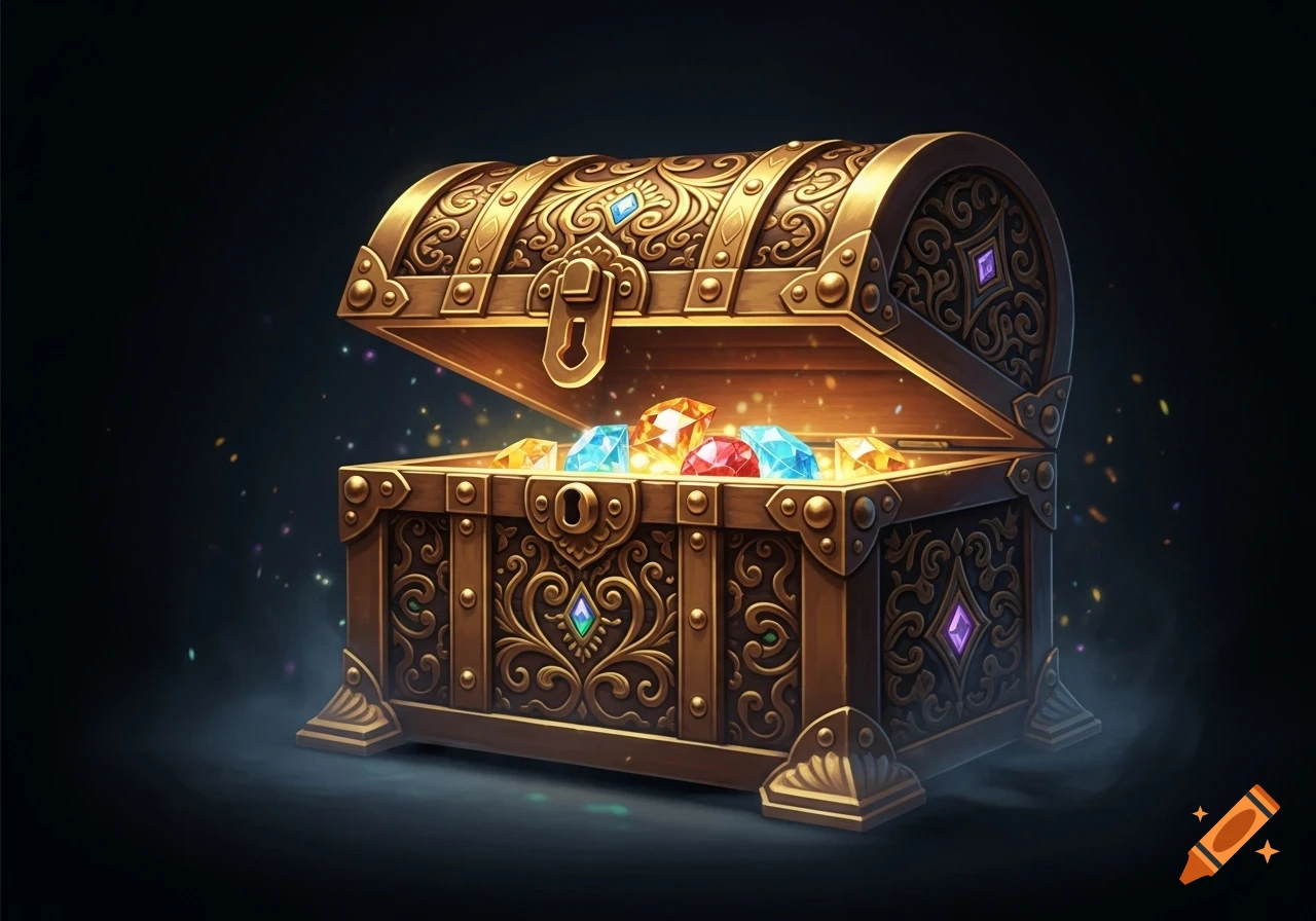 An open, ornate golden treasure chest filled with sparkling red, blue, and yellow gems, against a dark background.