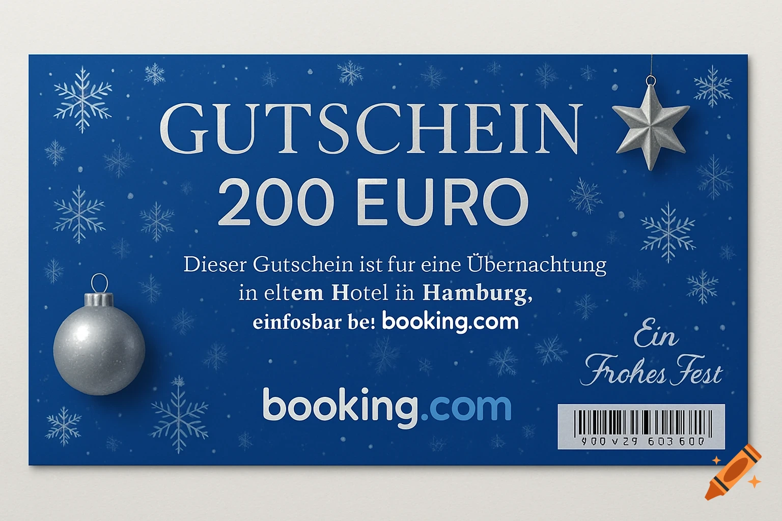 A blue Christmas-themed gift voucher for 200 euros for a hotel stay in Hamburg, redeemable on booking.com, featuring snowflakes, a silver bauble, and a silver star ornament.