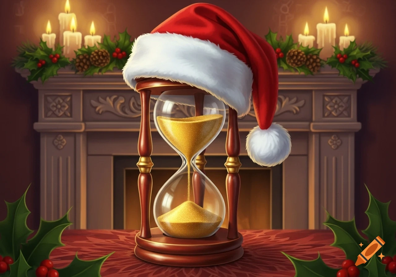 A festive hourglass wearing a Santa hat sits on a red patterned table in front of a fireplace with holly and candles.