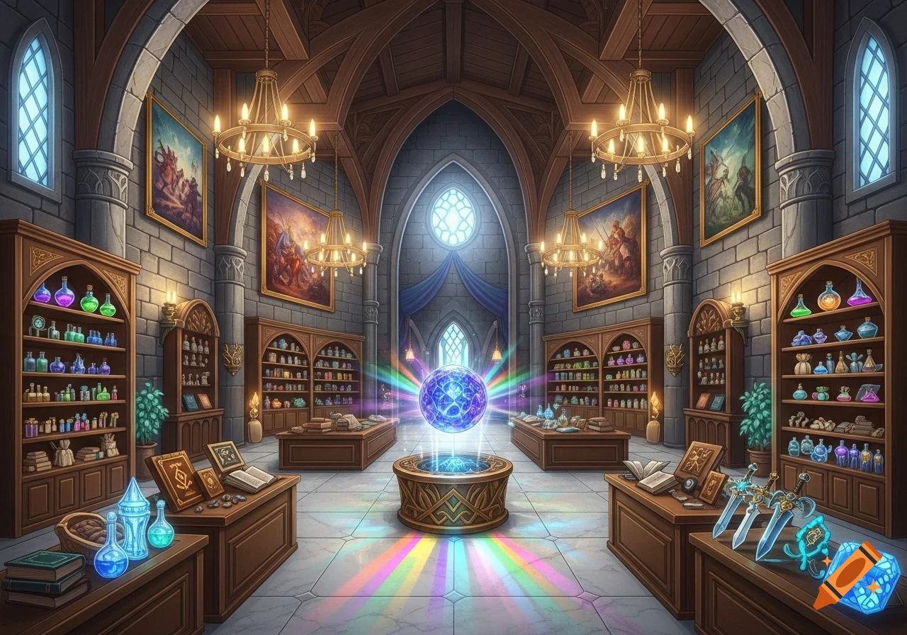 An elaborate fantasy magic shop interior with shelves of colorful potions and books, centered around a glowing purple orb emitting rainbow light.