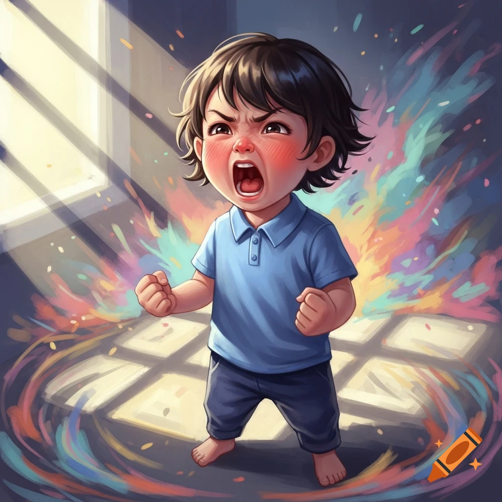 Cartoon illustration of a young child screaming and clenching fists in a tantrum, with colorful energy radiating.