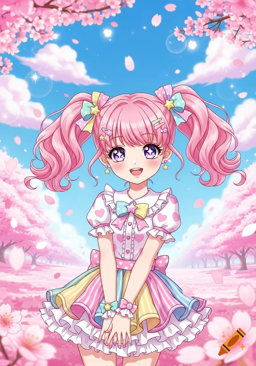 A cute anime girl with pink pigtails, a frilly heart-patterned top, and a colorful striped skirt, stands smiling in a cherry blossom landscape.