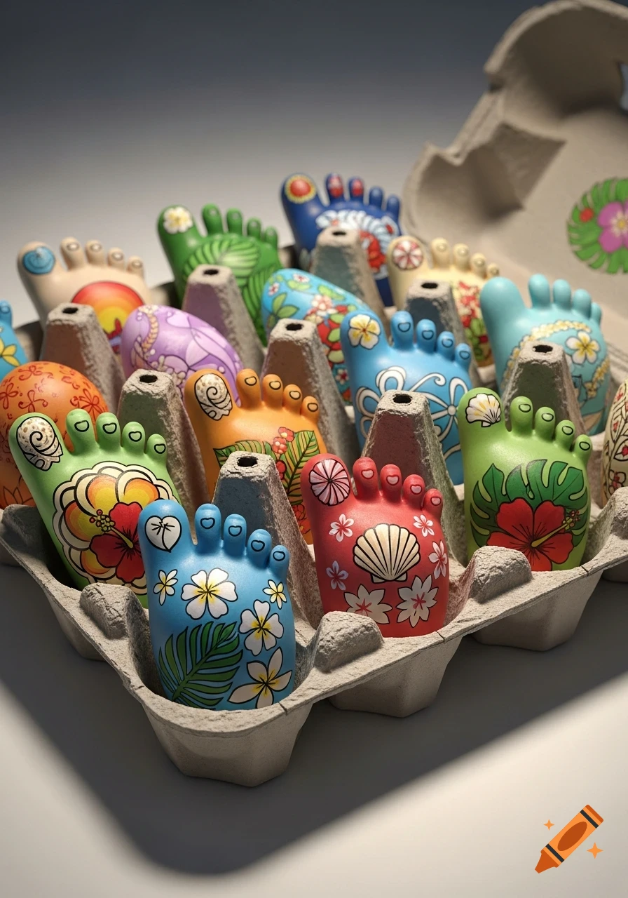 A carton filled with colorful, cartoon-like feet, each painted with Hawaiian-style floral and tropical designs.