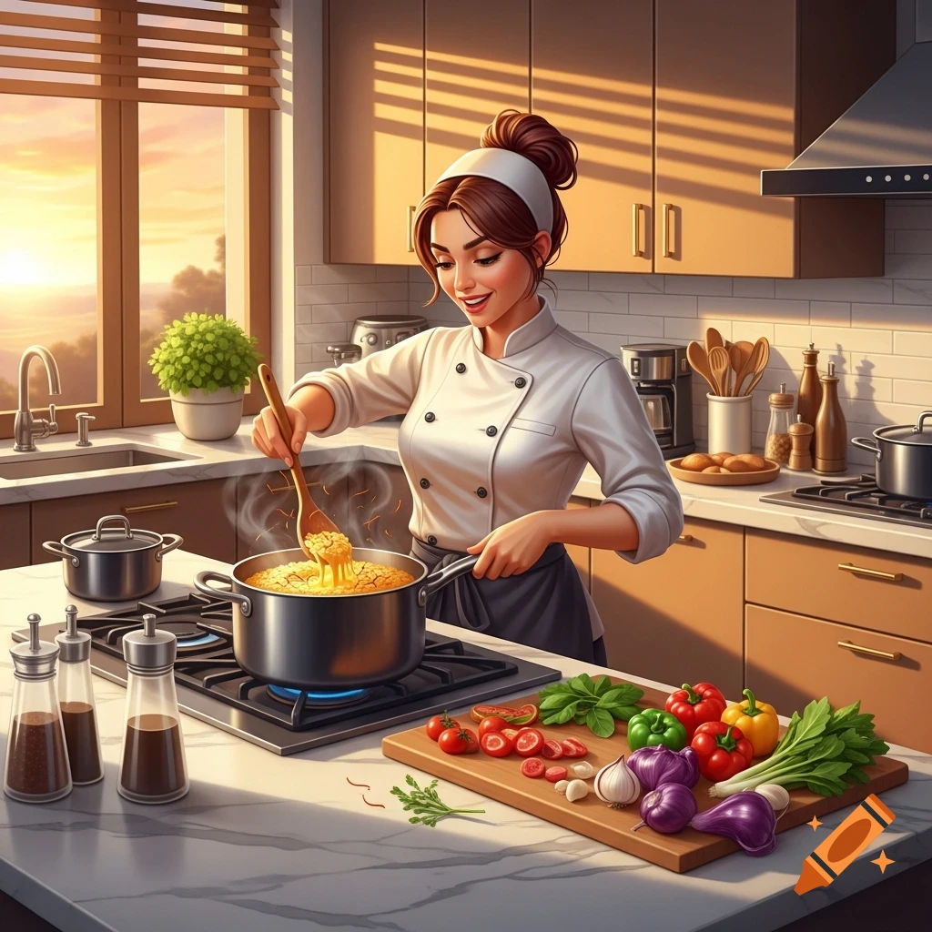 A smiling female chef stirs a pot on a stove in a bright kitchen with fresh vegetables on a cutting board.