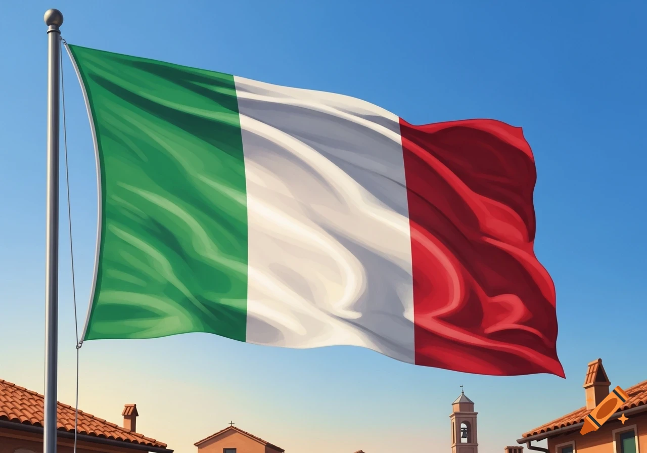 The Italian flag, with green, white, and red stripes, waves against a clear blue sky above terracotta rooftops and a bell tower.