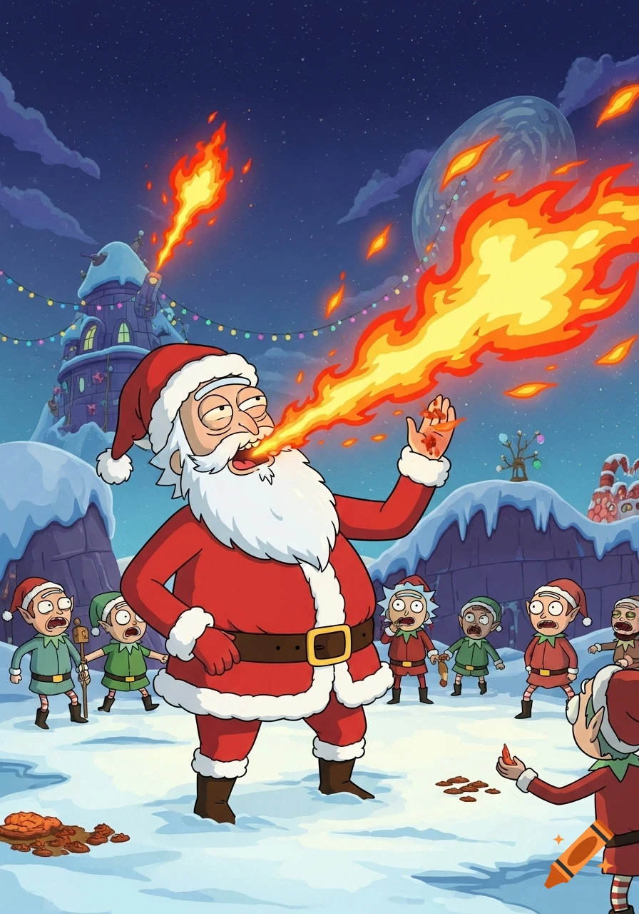 Santa Claus, in Rick and Morty style, fire-breathing happily in a snowy Christmas scene, surrounded by shocked elves and Rick.