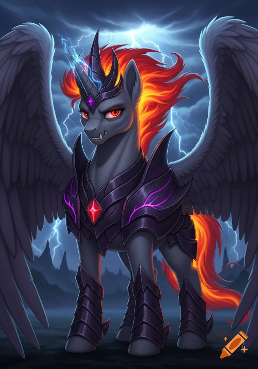 A fierce grey alicorn pony with fiery mane, red eyes, and fangs, wearing dark purple armor, stands against a stormy sky with lightning.
