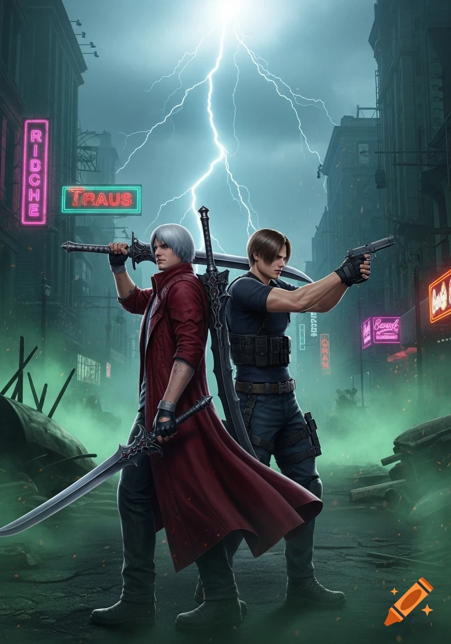 Dante from Devil May Cry and Leon Kennedy from Resident Evil stand back-to-back in a dark, ruined city street under a lightning storm, holding a sword and a gun.