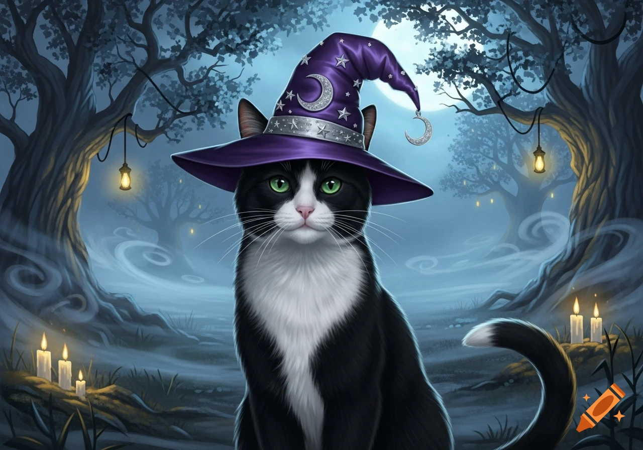 A black and white tuxedo cat with green eyes wears a purple witch hat in a mystical, foggy forest with lanterns and candles.